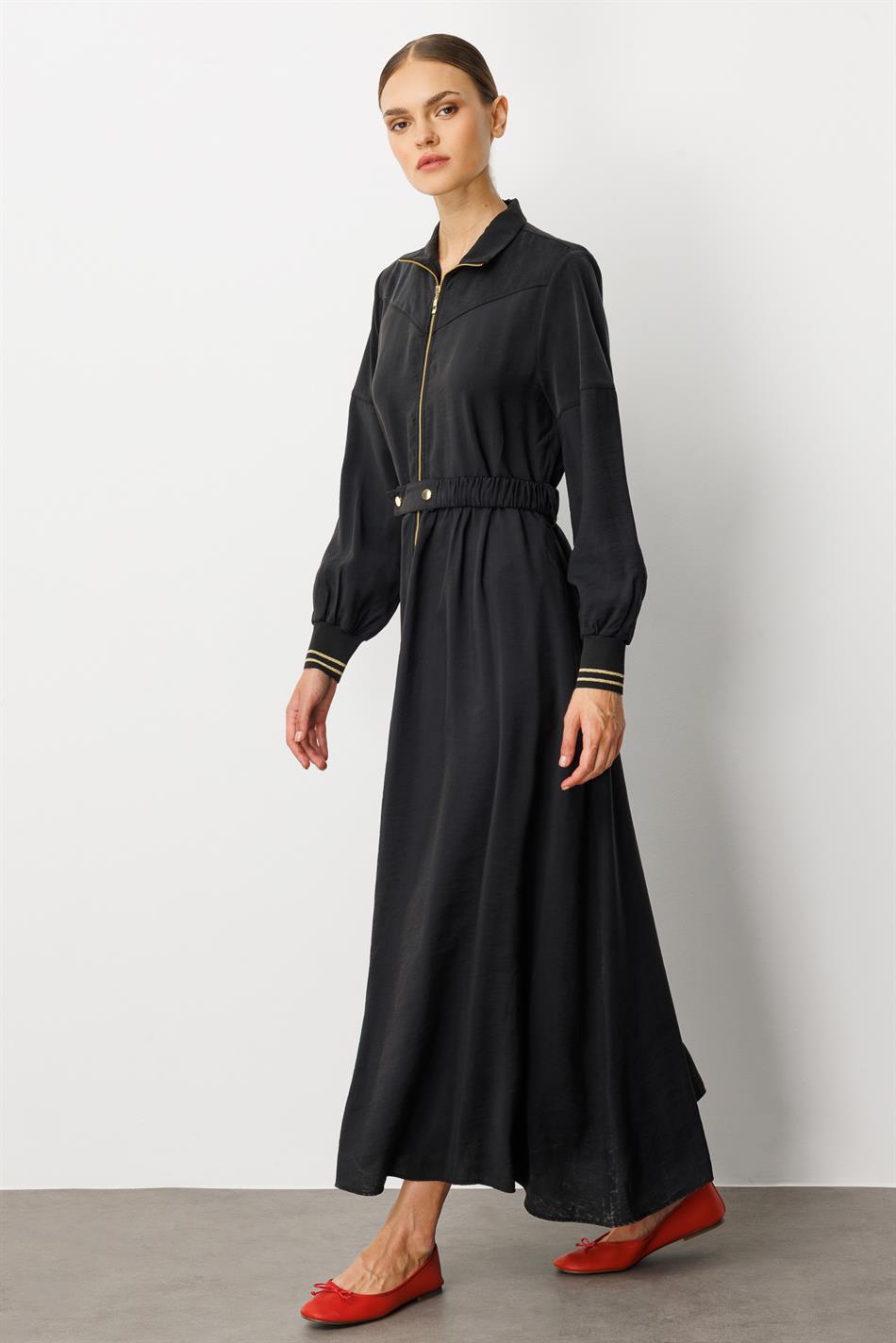 Abaya-Kleid aus weichem Modal (90 %) mit Reißverschluss – Schwarz