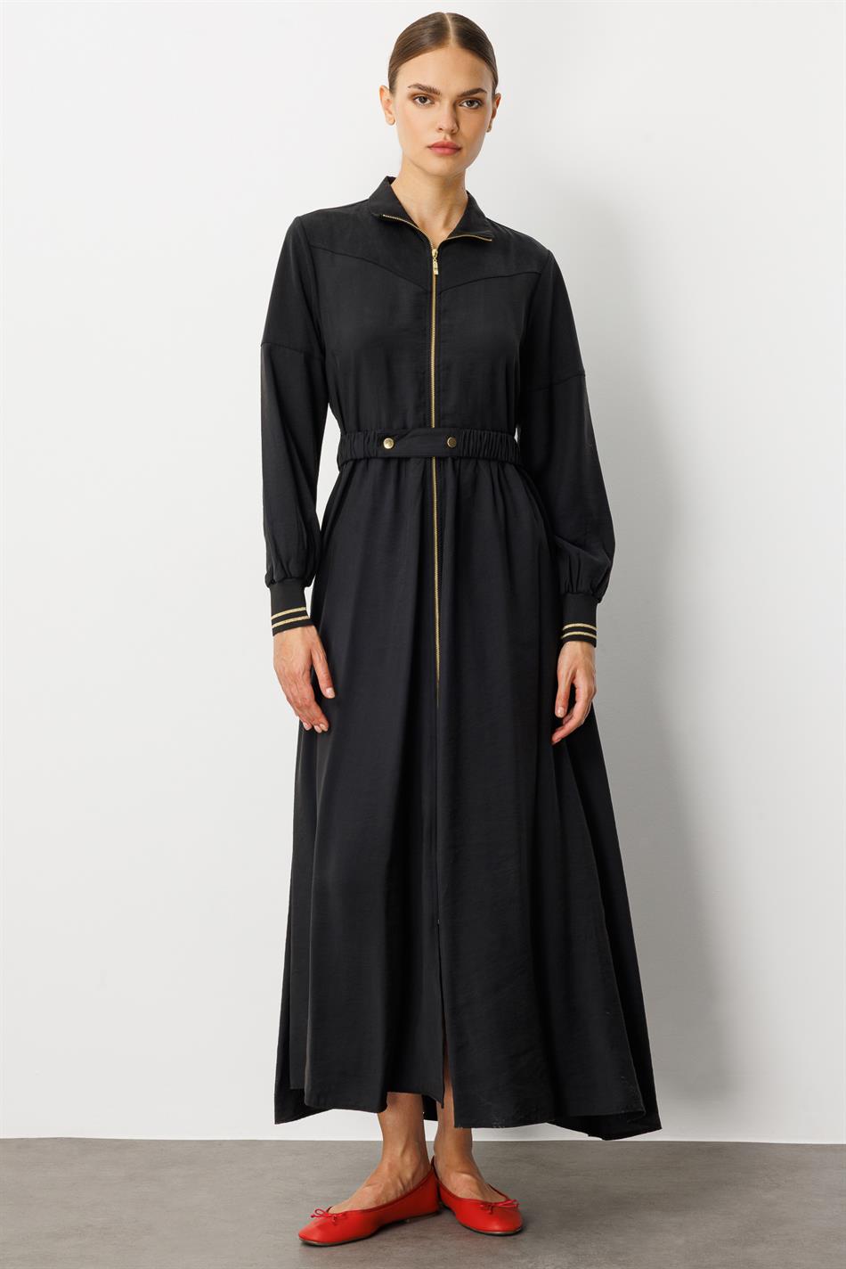 Abaya-Kleid aus weichem Modal (90 %) mit Reißverschluss – Schwarz