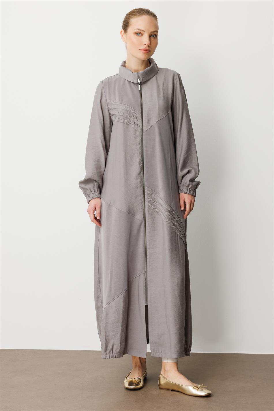 Zachte modal (90%) jas/abaya met elastische details - grijs