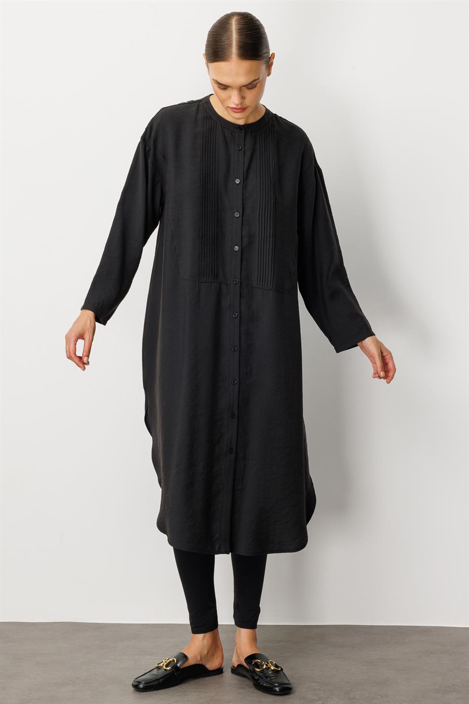 Soft Modal (%90) İçerikli Pili Kırımlı Detay Kap Ferace-Siyah