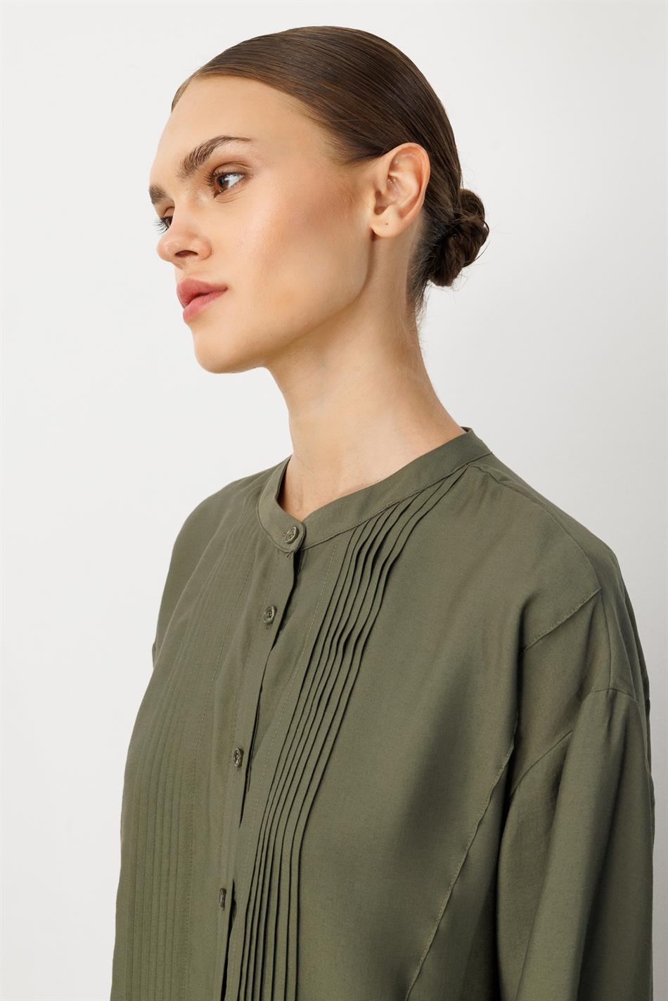 Soft Modal (%90) İçerikli Pili Kırımlı Detay Kap Ferace-Haki