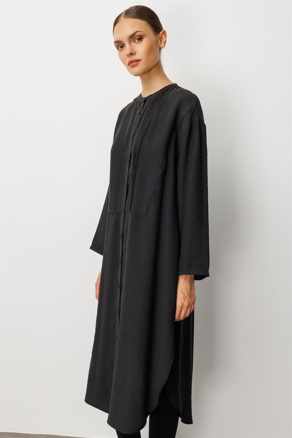 Soft Modal (%90) İçerikli Pili Kırımlı Detay Kap Ferace-Siyah