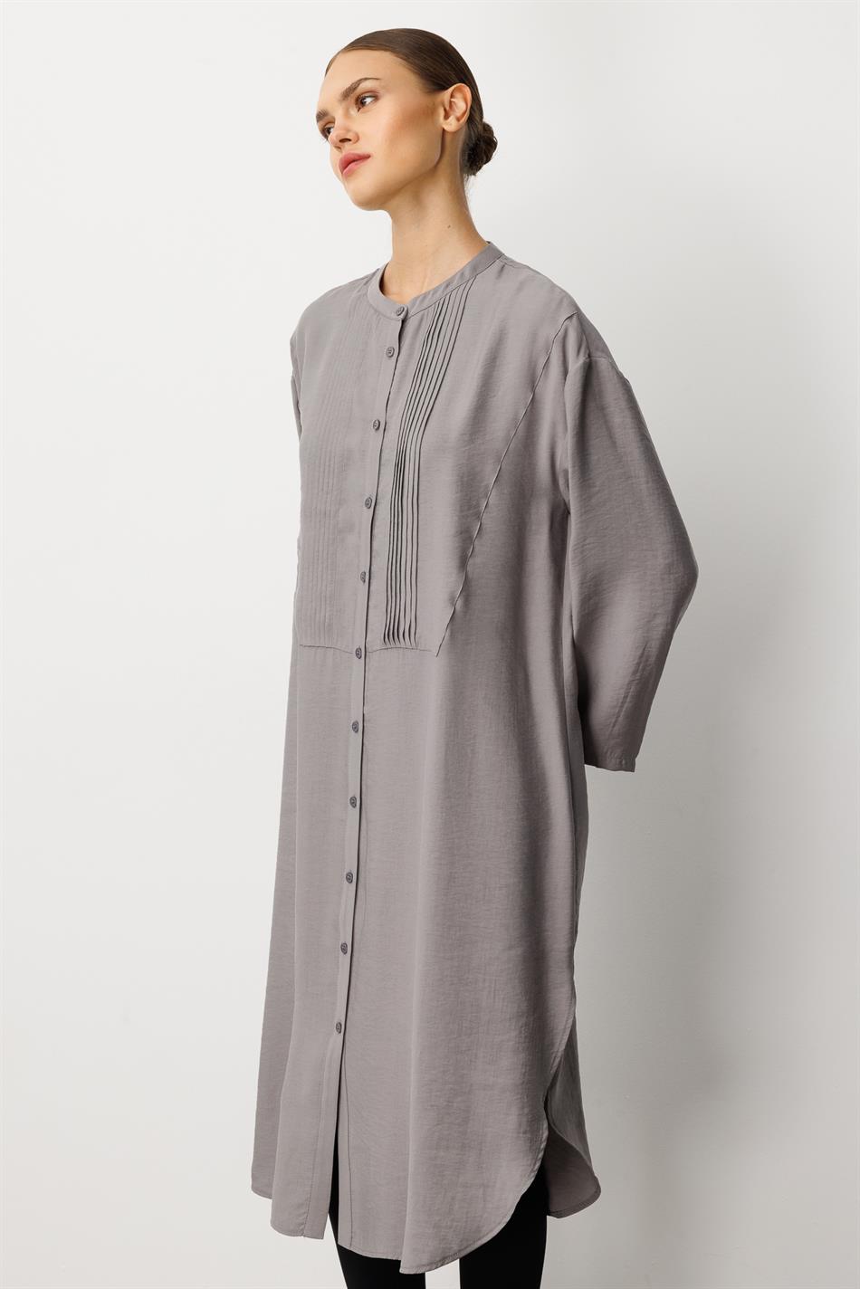 Soft Modal (%90) İçerikli Pili Kırımlı Detay Kap Ferace-Gri