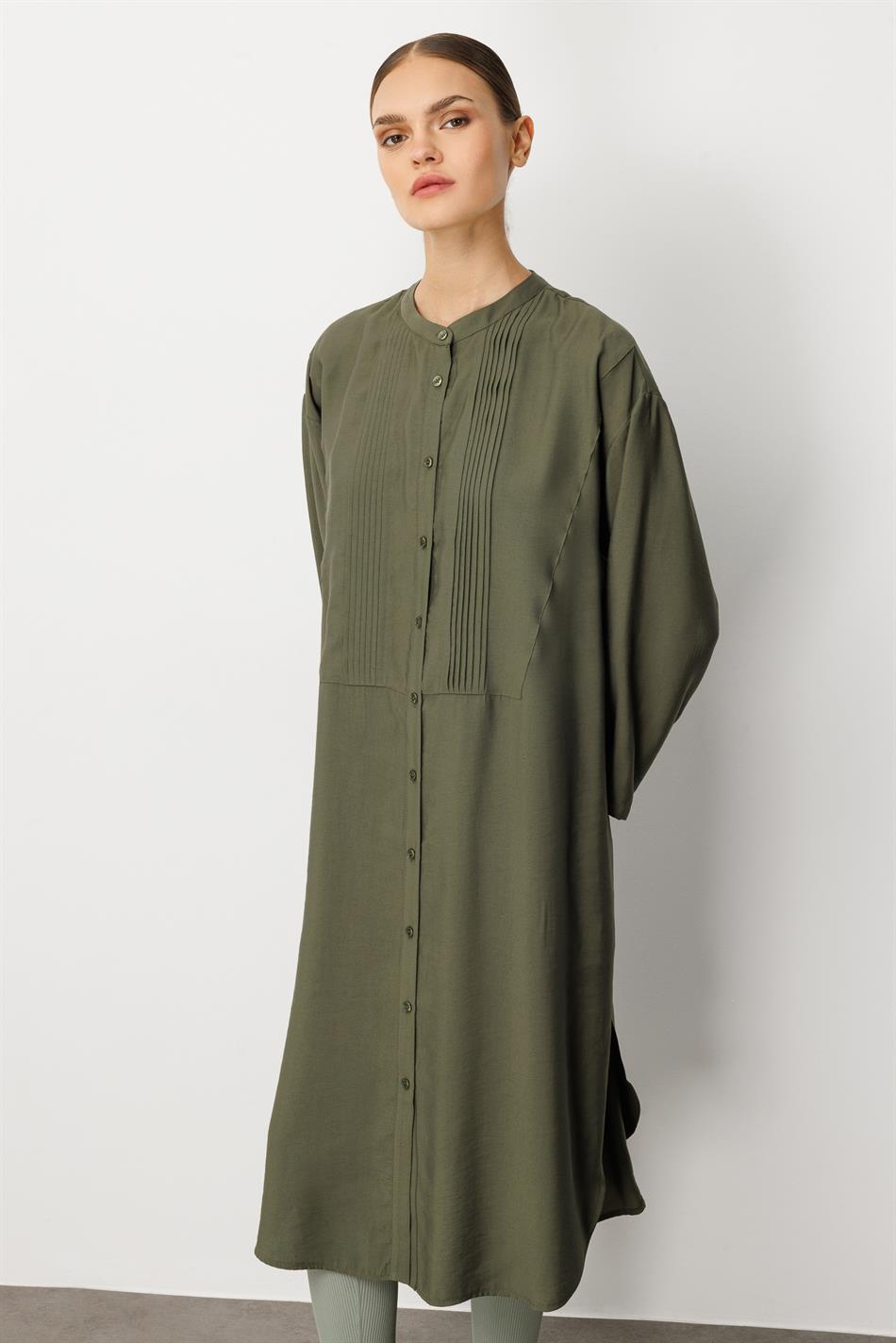 Soft Modal (%90) İçerikli Pili Kırımlı Detay Kap Ferace-Haki