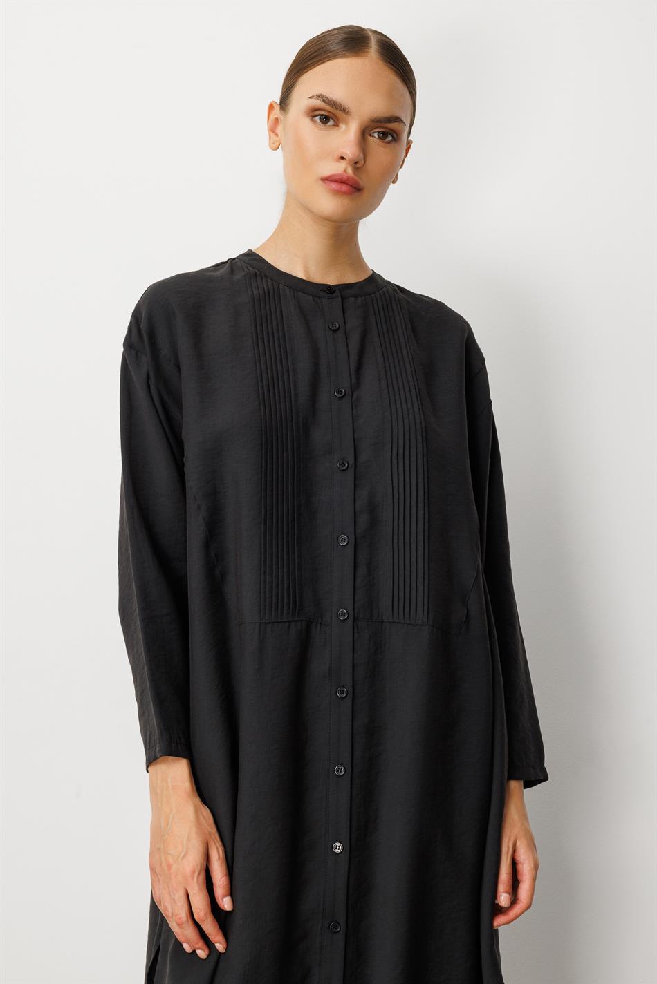 Soft Modal (%90) İçerikli Pili Kırımlı Detay Kap Ferace-Siyah