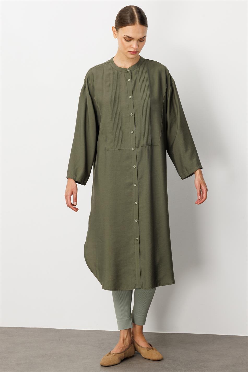 Soft Modal (%90) İçerikli Pili Kırımlı Detay Kap Ferace-Haki