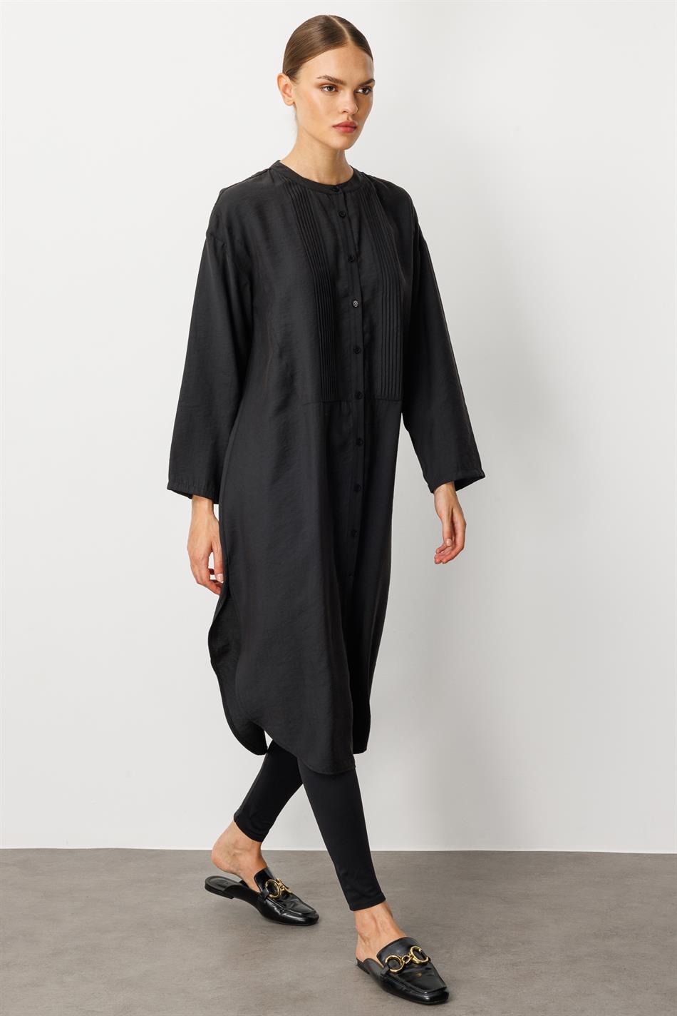 Soft Modal (%90) İçerikli Pili Kırımlı Detay Kap Ferace-Siyah