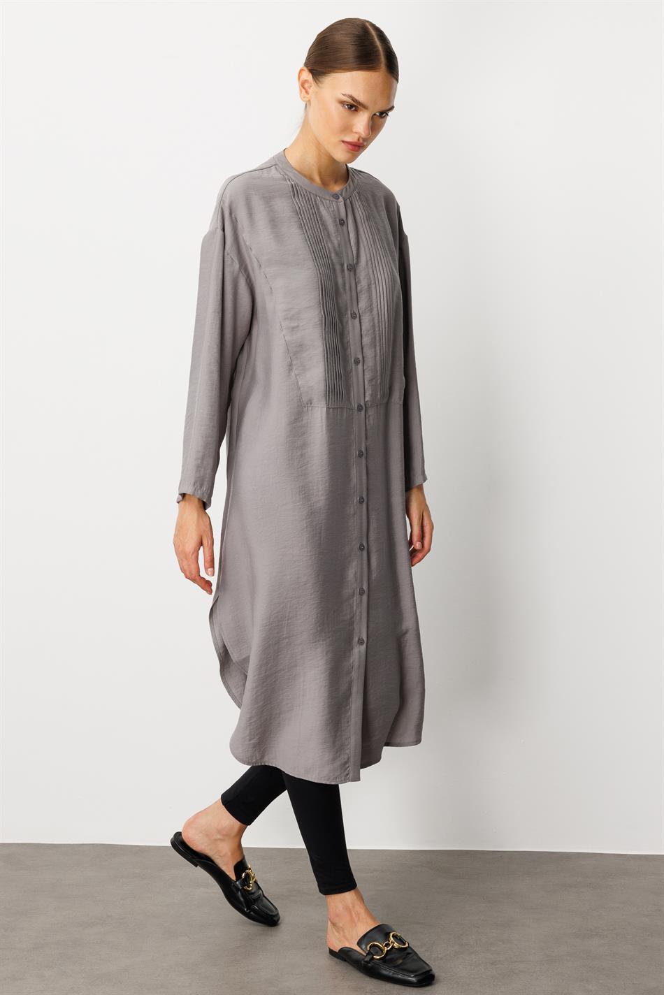 Soft Modal (%90) İçerikli Pili Kırımlı Detay Kap Ferace-Gri