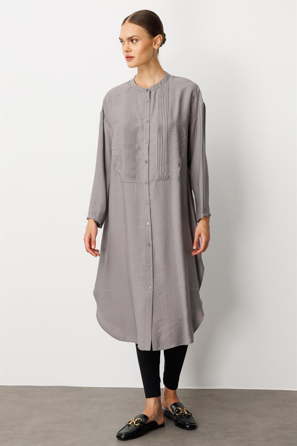 Soft Modal (%90) İçerikli Pili Kırımlı Detay Kap Ferace-Gri