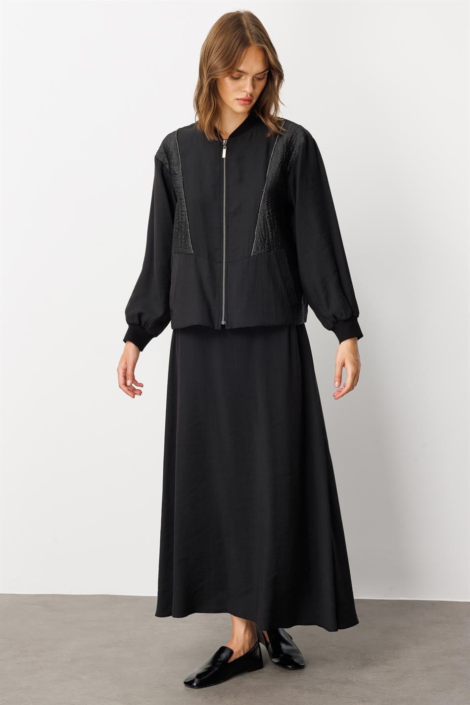 Jacquard jasje en rok set met zachte modal (90%) - Zwart