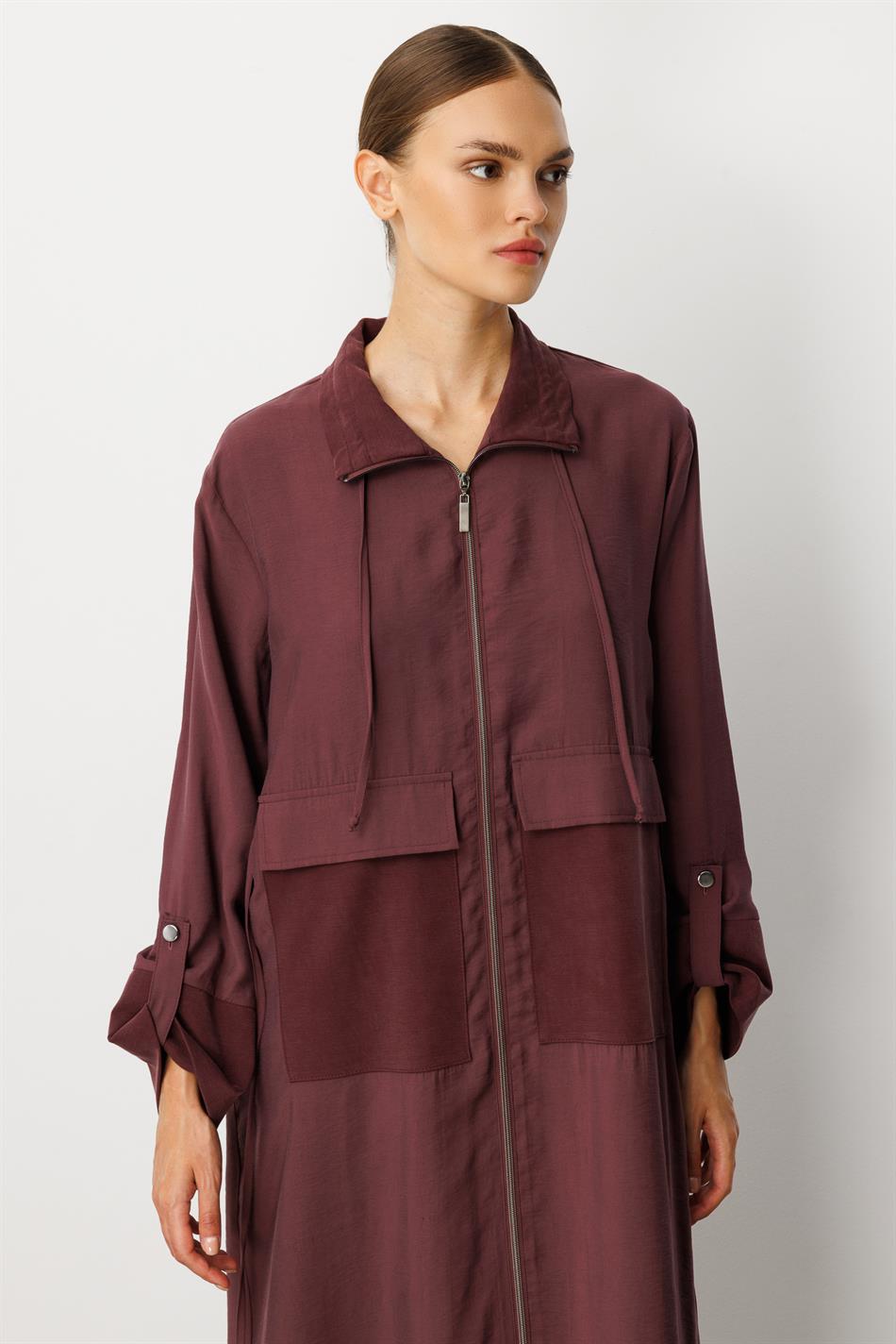 Zachte Modal (90% natuurlijke micellaire) Garni Detail Coat/Abayas - Bordeauxrood