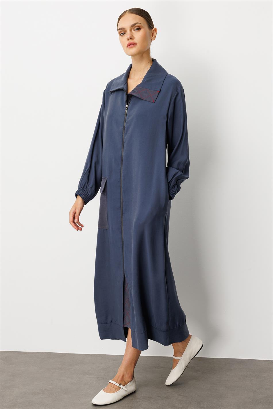 Yumşaq Modal (90% Modal tərkibli) Rouge Garni Ətraflı Burn Abaya - Tünd Göy