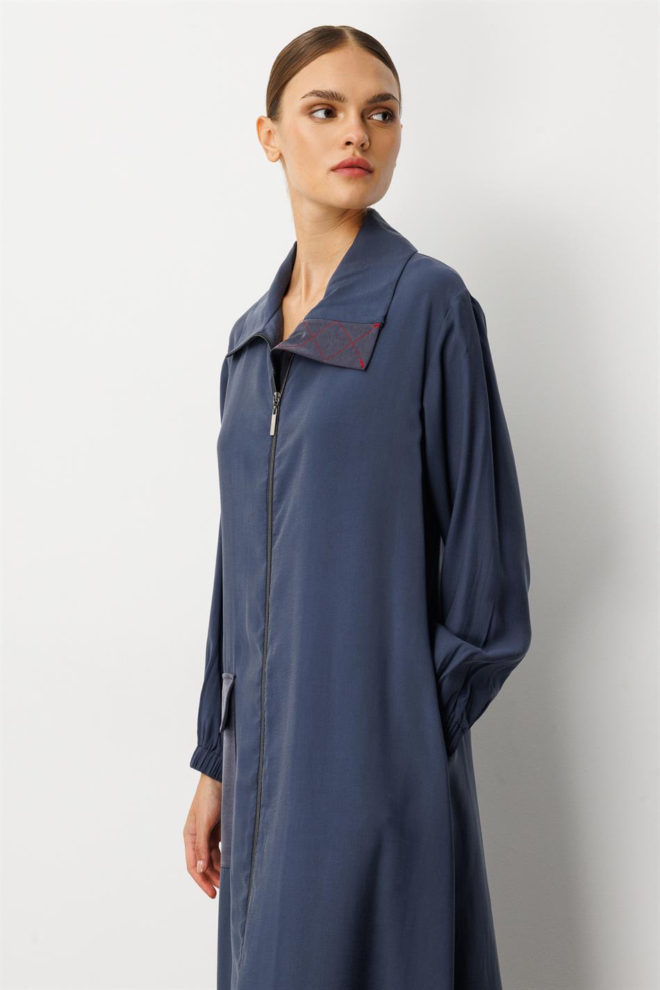 Yumşaq Modal (90% Modal tərkibli) Rouge Garni Ətraflı Burn Abaya - Tünd Göy