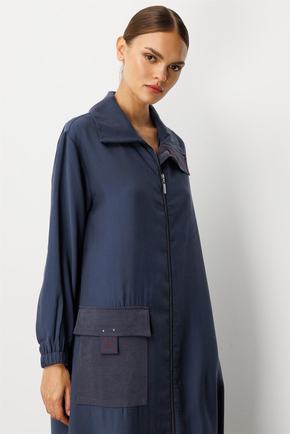 Yumşaq Modal (90% Modal tərkibli) Rouge Garni Ətraflı Burn Abaya - Tünd Göy