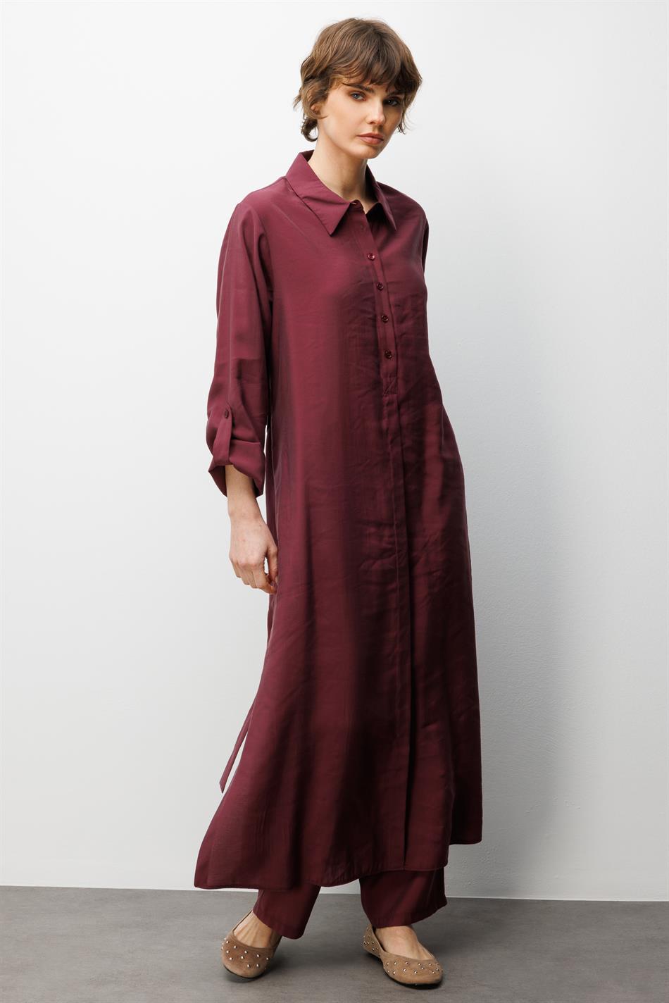 Soft Modal (elbise) Tunik ve Pantolon Kombin Takım-Bordo