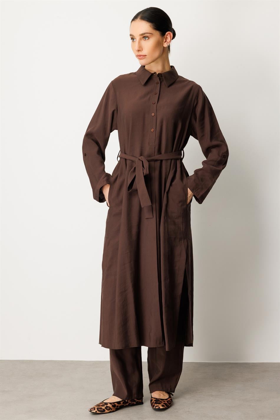 Soft Modal (elbise) Tunik ve Pantolon Kombin Takım-Kahve
