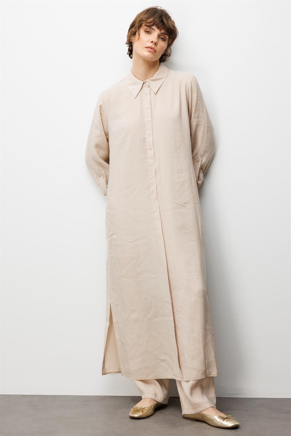 Soft Modal (elbise) Tunik ve Pantolon Kombin Takım-Krem