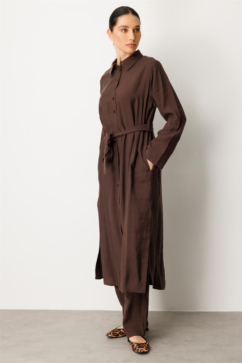 Soft Modal (elbise) Tunik ve Pantolon Kombin Takım-Kahve