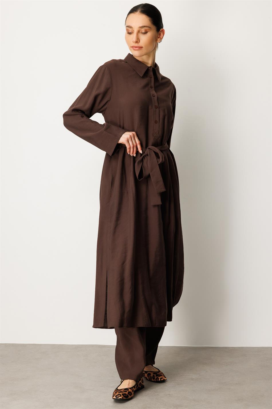 Soft Modal (elbise) Tunik ve Pantolon Kombin Takım-Kahve