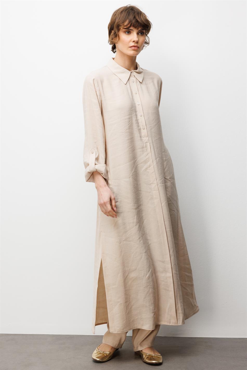 Soft Modal (elbise) Tunik ve Pantolon Kombin Takım-Krem