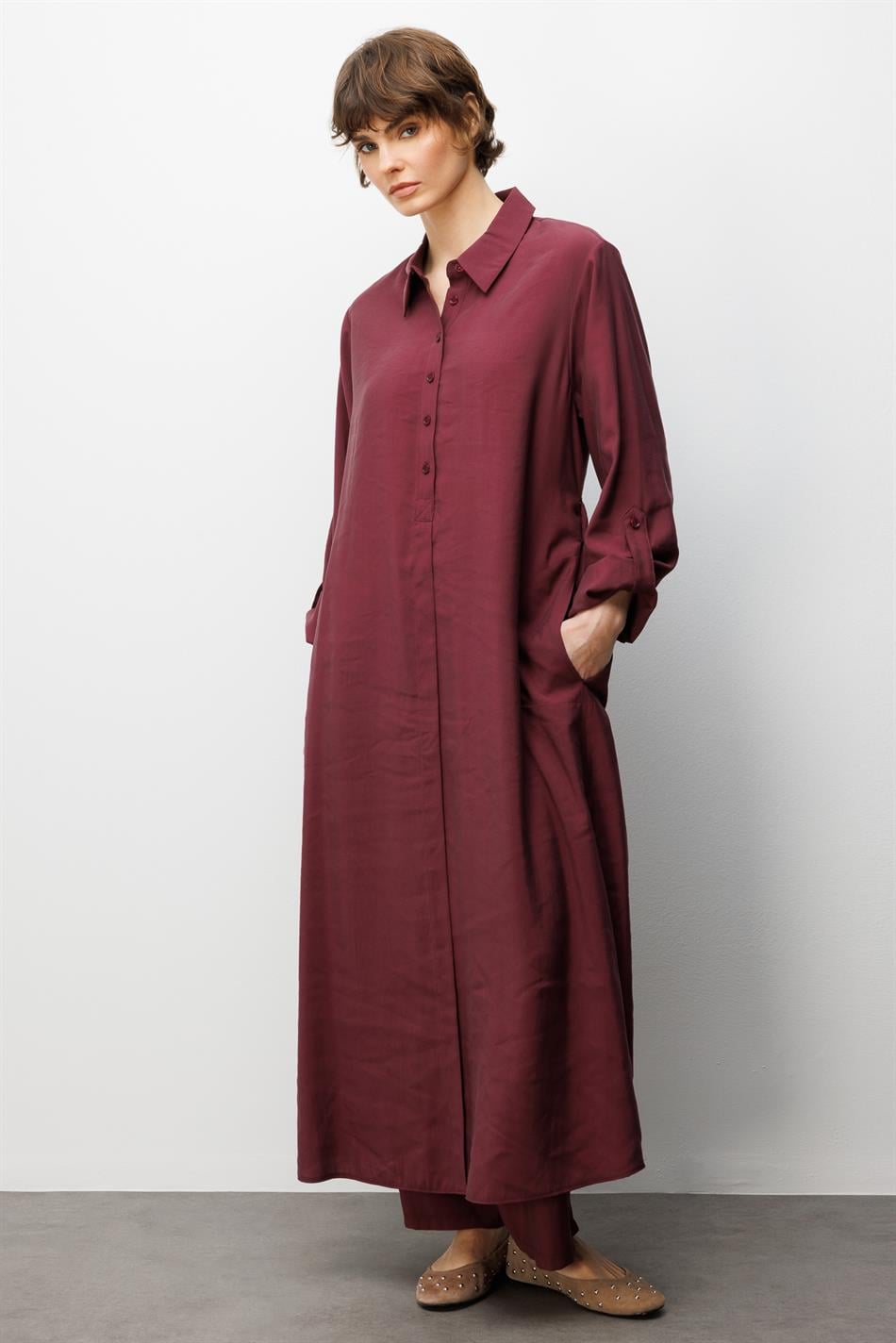 Soft Modal (elbise) Tunik ve Pantolon Kombin Takım-Bordo
