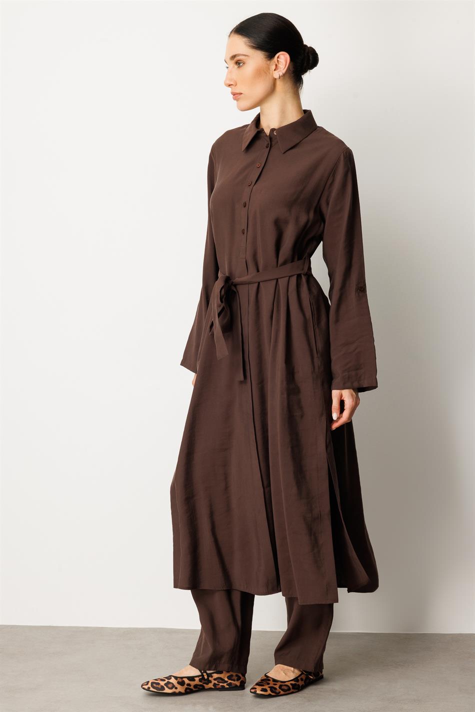 Soft Modal (elbise) Tunik ve Pantolon Kombin Takım-Kahve