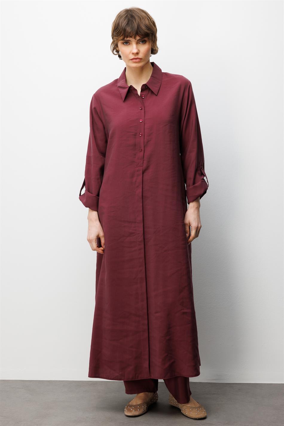 Soft Modal (elbise) Tunik ve Pantolon Kombin Takım-Bordo