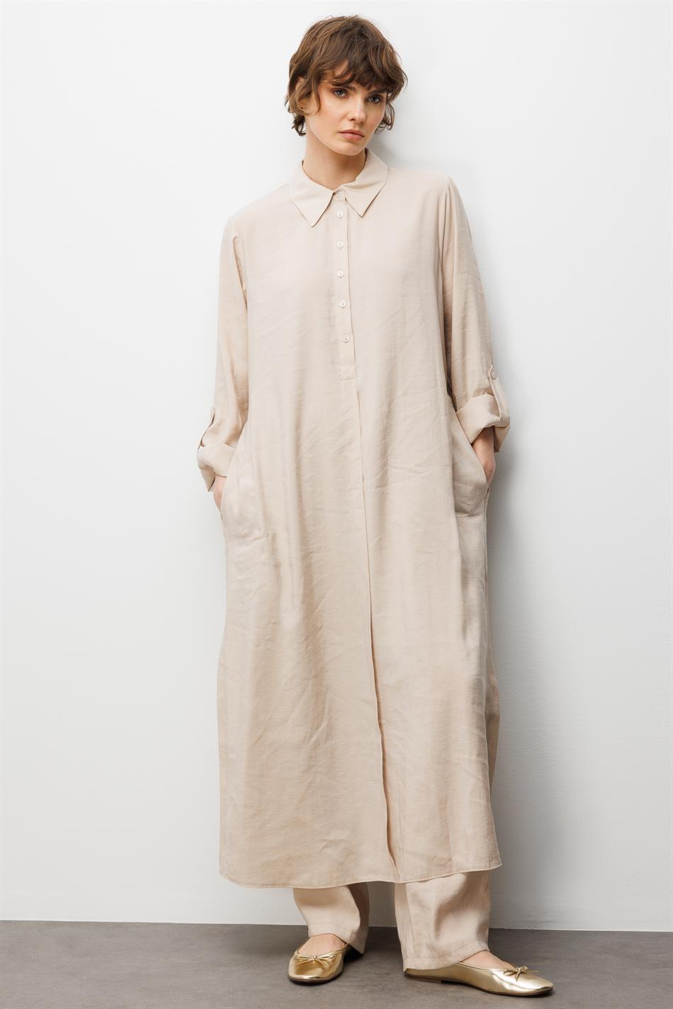 Soft Modal (elbise) Tunik ve Pantolon Kombin Takım-Krem