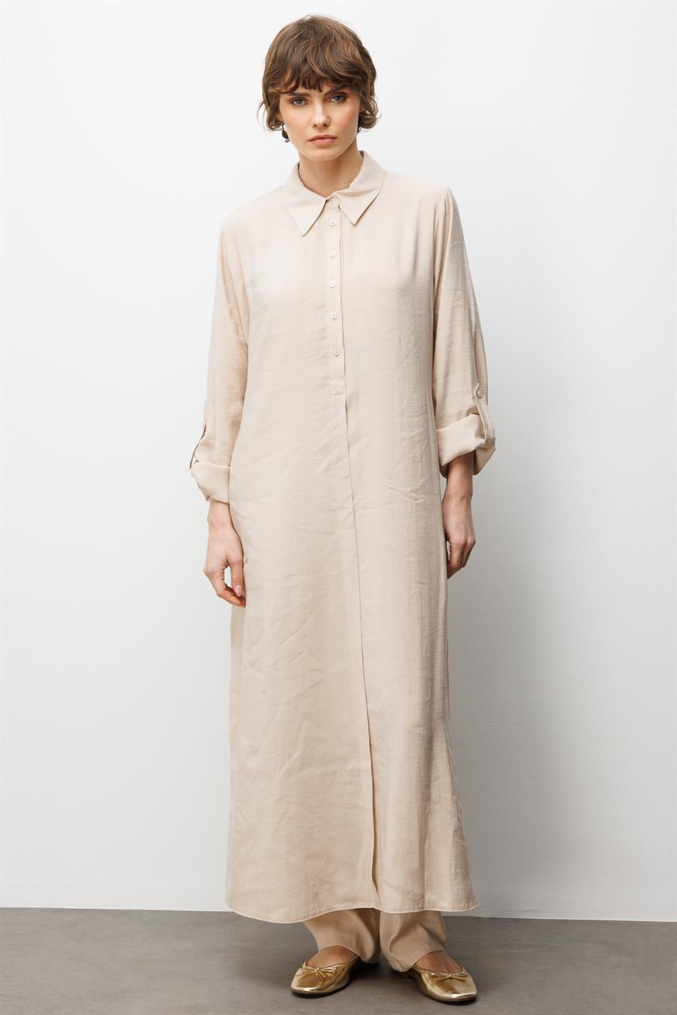 Soft Modal (elbise) Tunik ve Pantolon Kombin Takım-Krem