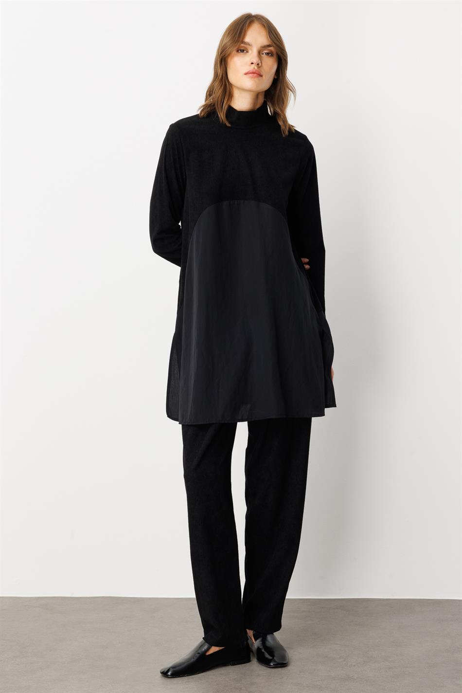 Bəzək detalları ilə yumşaq modal qabırğalı trikotaj şalvar dəsti - Qara