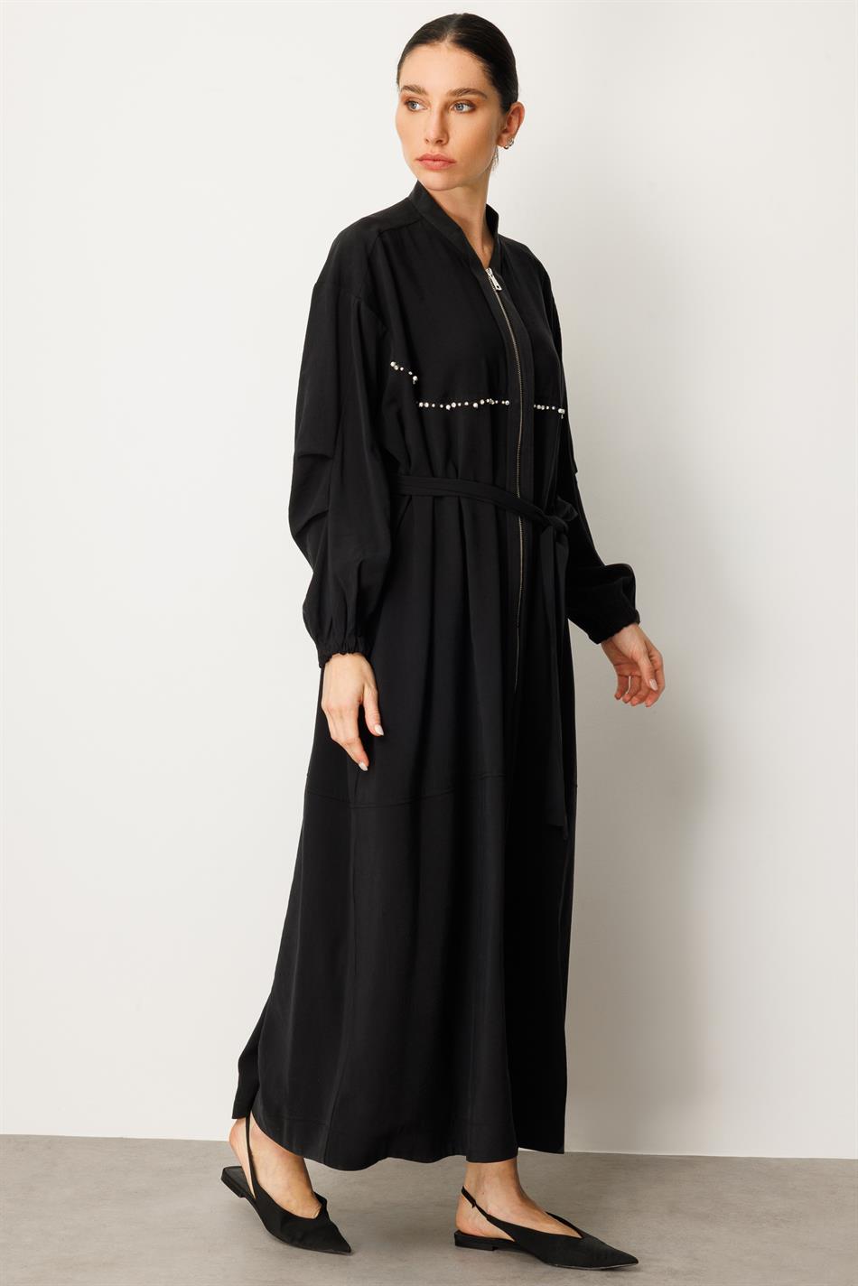 Soft Modal İçerikli Modal Garnili ve Taş İşlemeli Zamansız  Ferace Kap-Siyah