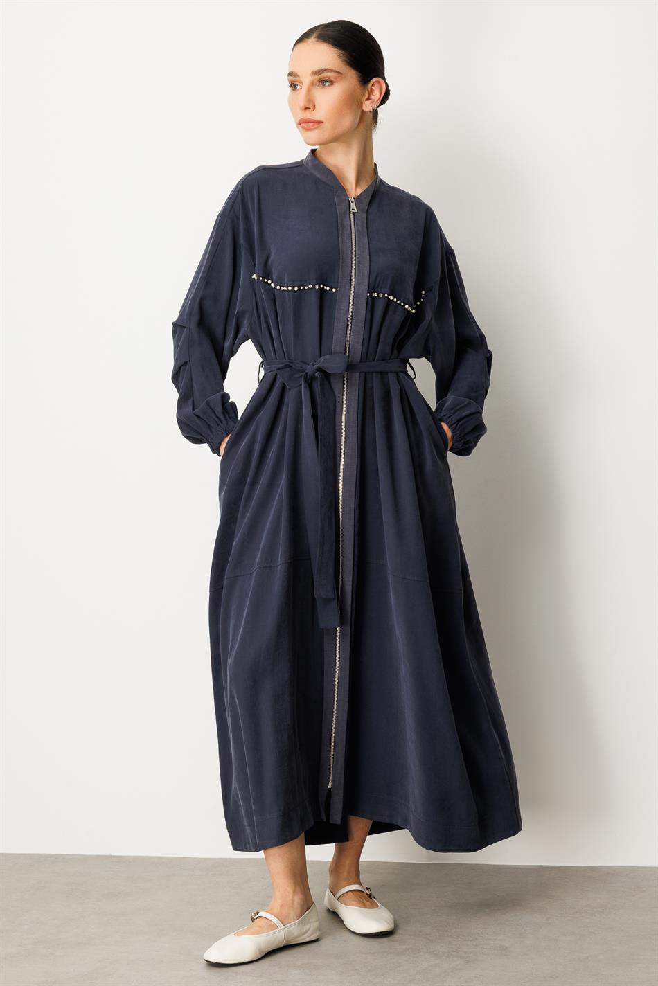 Soft Modal İçerikli Modal Garnili ve Taş İşlemeli Zamansız  Ferace Kap-Laci