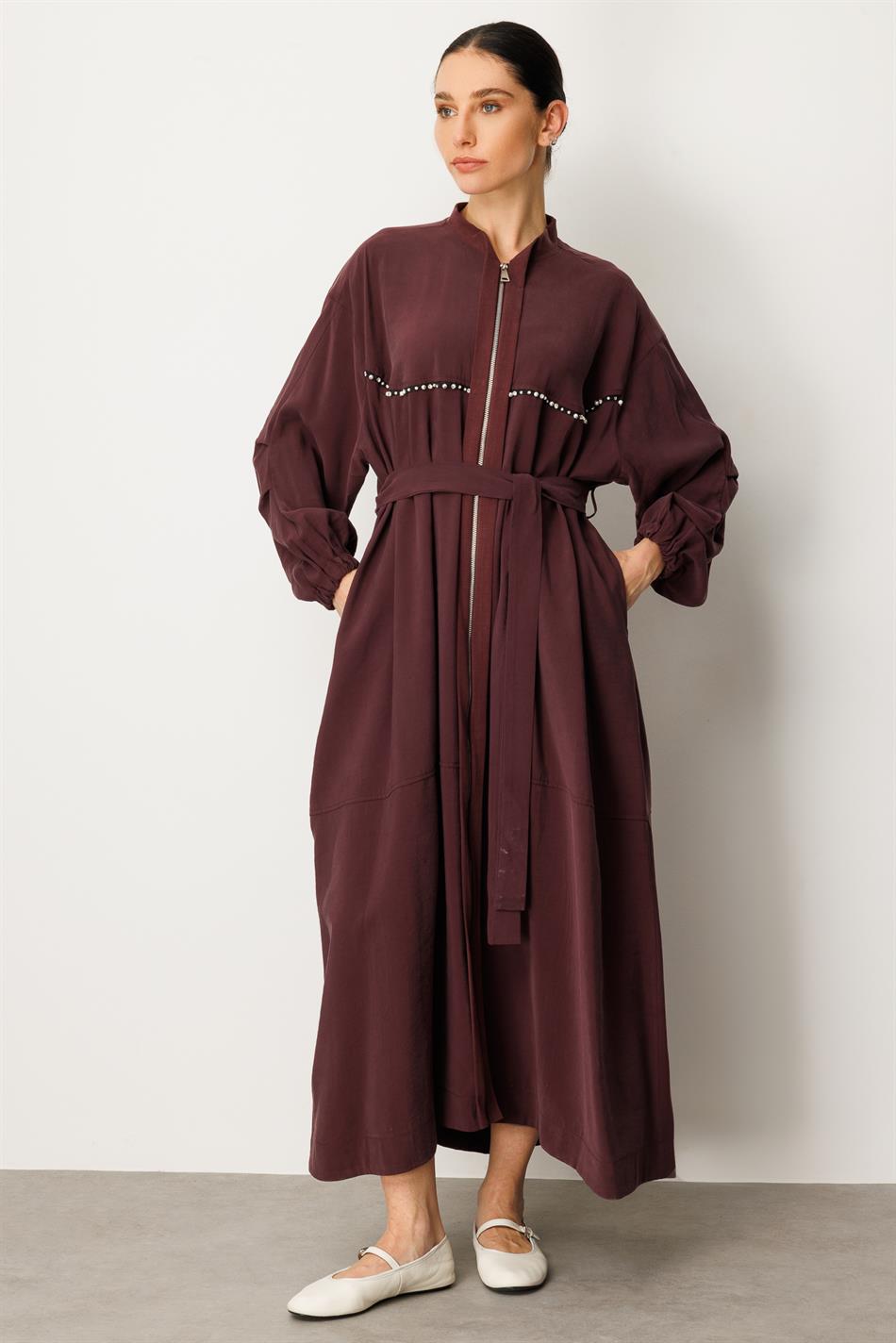 Soft Modal İçerikli Modal Garnili ve Taş İşlemeli Zamansız  Ferace Kap-Bordo