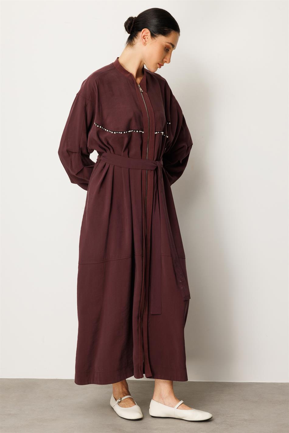 Soft Modal İçerikli Modal Garnili ve Taş İşlemeli Zamansız  Ferace Kap-Bordo