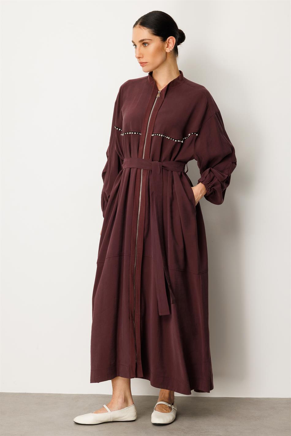 Soft Modal İçerikli Modal Garnili ve Taş İşlemeli Zamansız  Ferace Kap-Bordo