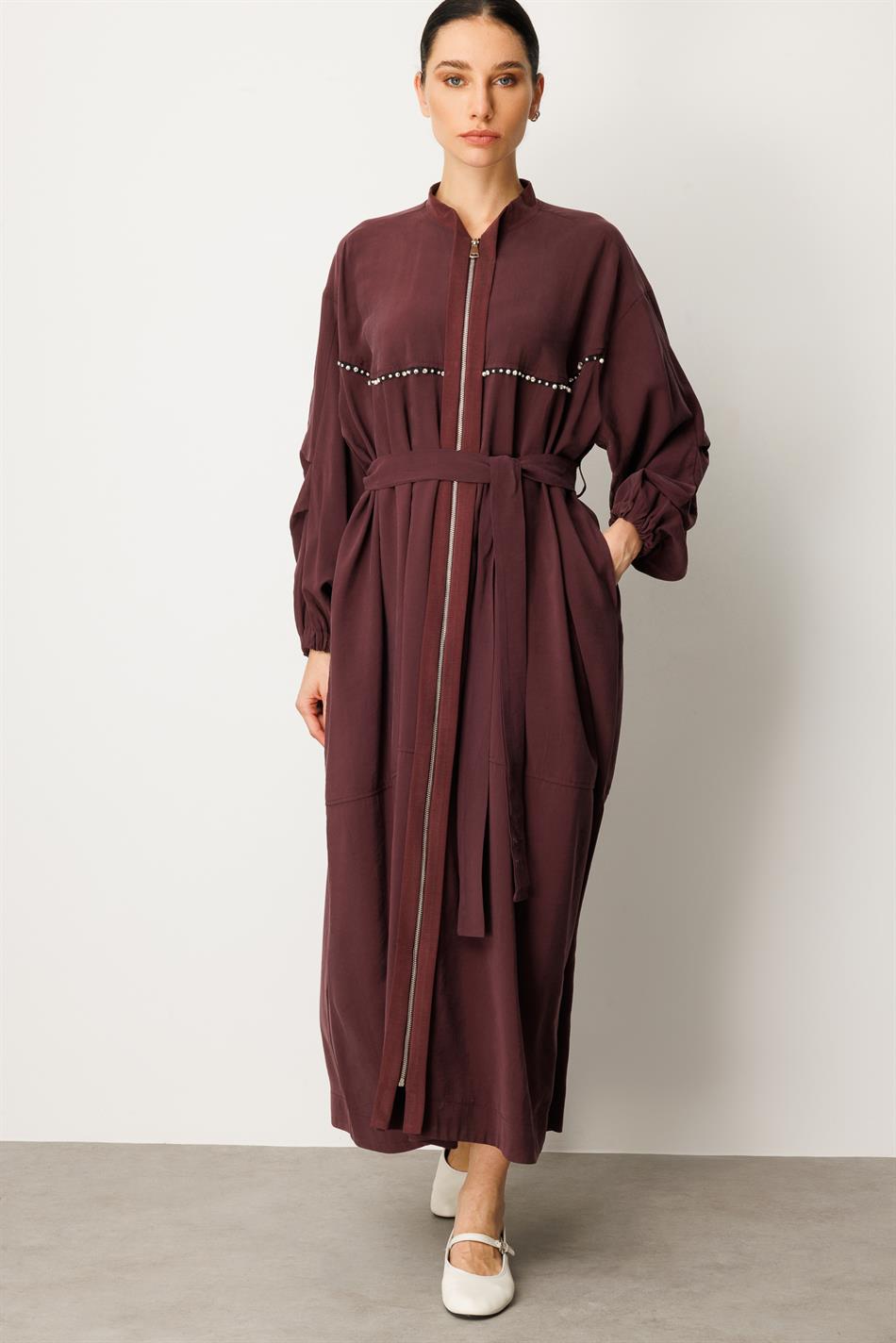 Soft Modal İçerikli Modal Garnili ve Taş İşlemeli Zamansız  Ferace Kap-Bordo