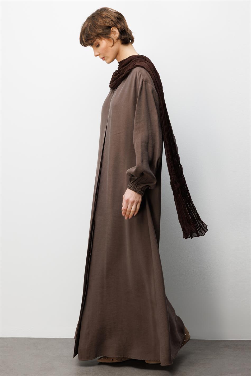 Soft  Modal İçerikli Önde Taş İşlemeli Kraş Şal Detaylı Ferace Kap-Kahve