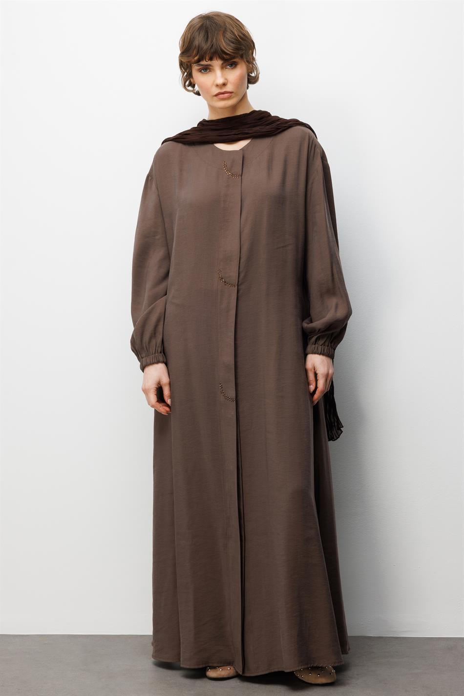 Soft  Modal İçerikli Önde Taş İşlemeli Kraş Şal Detaylı Ferace Kap-Kahve