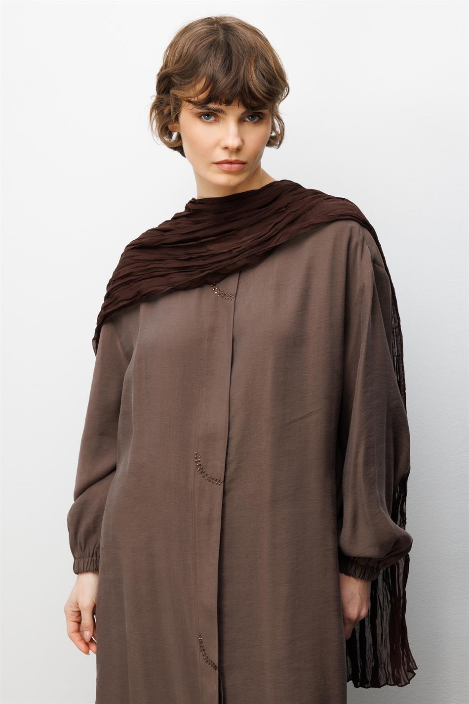 Soft  Modal İçerikli Önde Taş İşlemeli Kraş Şal Detaylı Ferace Kap-Kahve
