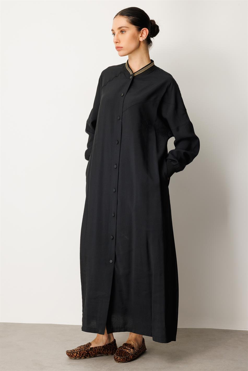 Soft  Modal Kol ve Yaka  Ribanalı Sade Elbise Kap Ferace-Siyah