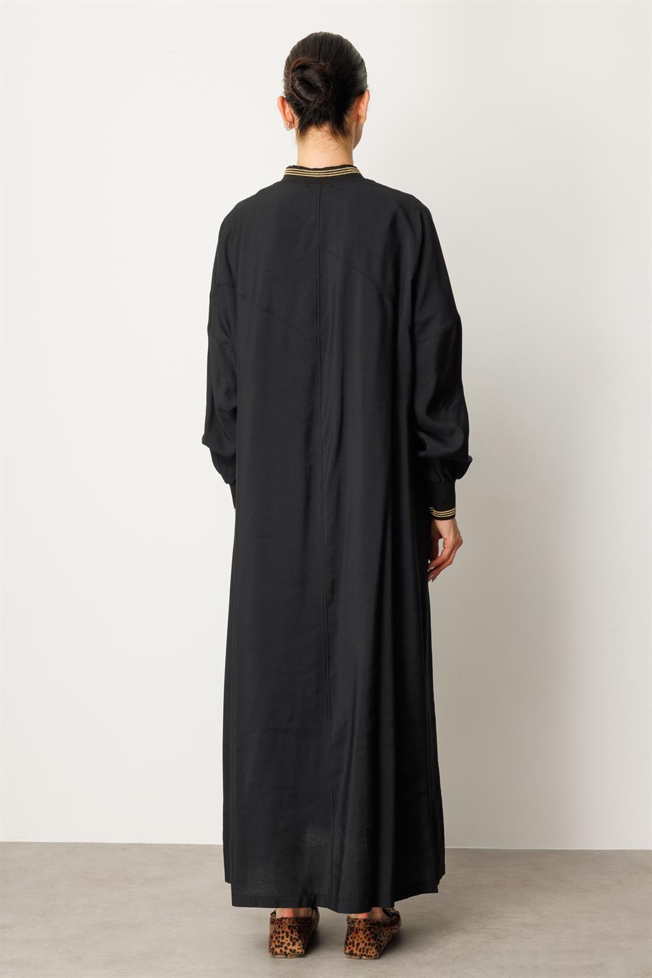 Soft  Modal Kol ve Yaka  Ribanalı Sade Elbise Kap Ferace-Siyah