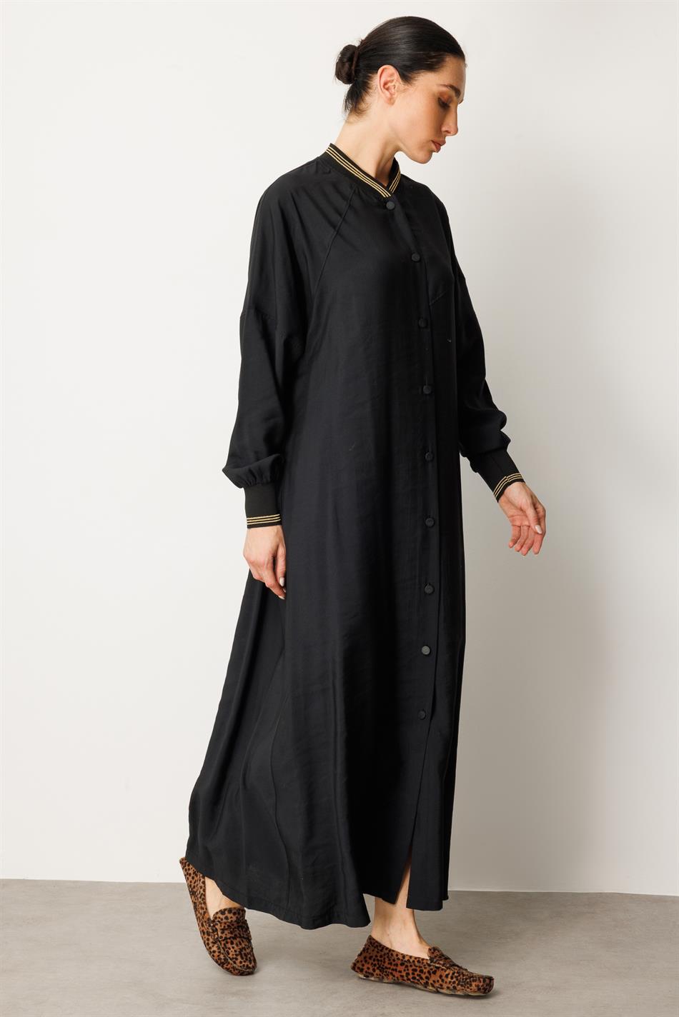 Soft  Modal Kol ve Yaka  Ribanalı Sade Elbise Kap Ferace-Siyah