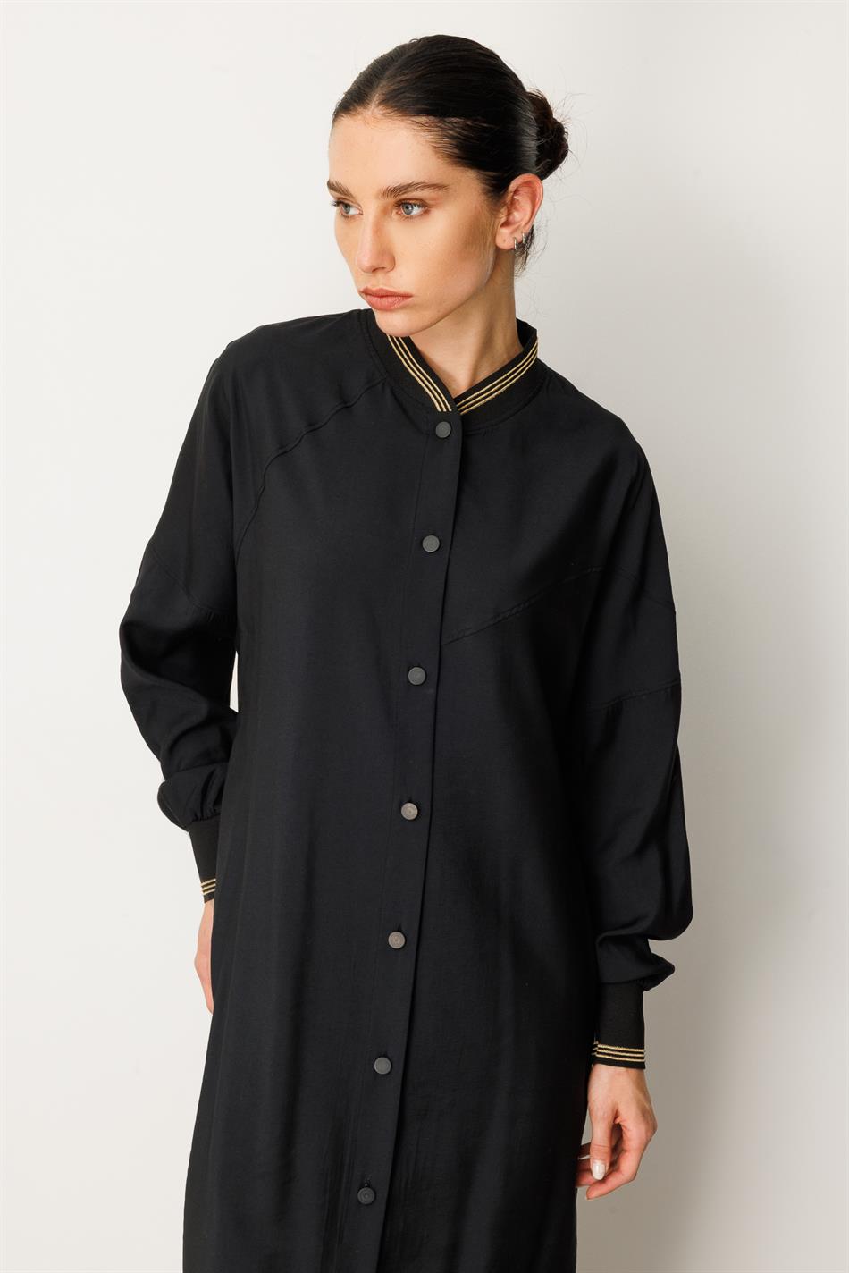 Soft  Modal Kol ve Yaka  Ribanalı Sade Elbise Kap Ferace-Siyah