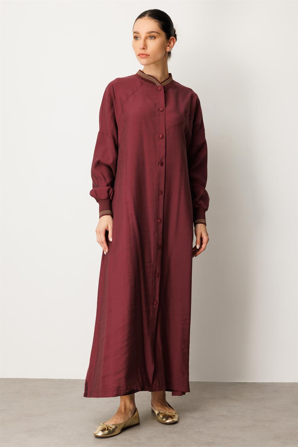 Qabırğalı qollar və yaxalıqlı yumşaq modal sadə don - Abaya/Paltar - Bordo
