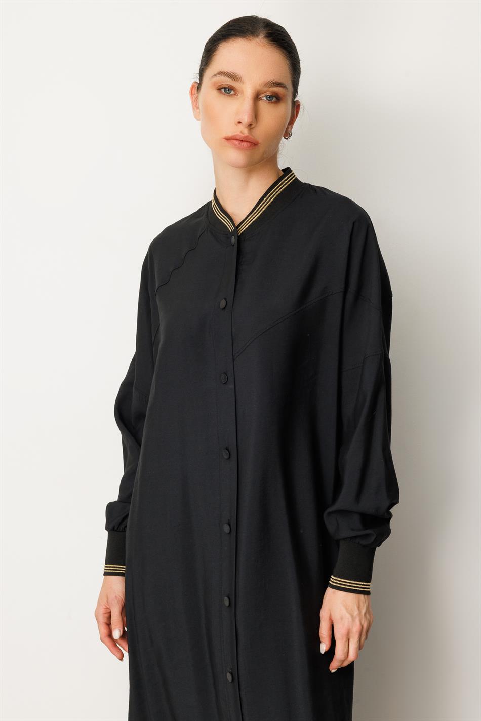 Soft  Modal Kol ve Yaka  Ribanalı Sade Elbise Kap Ferace-Siyah