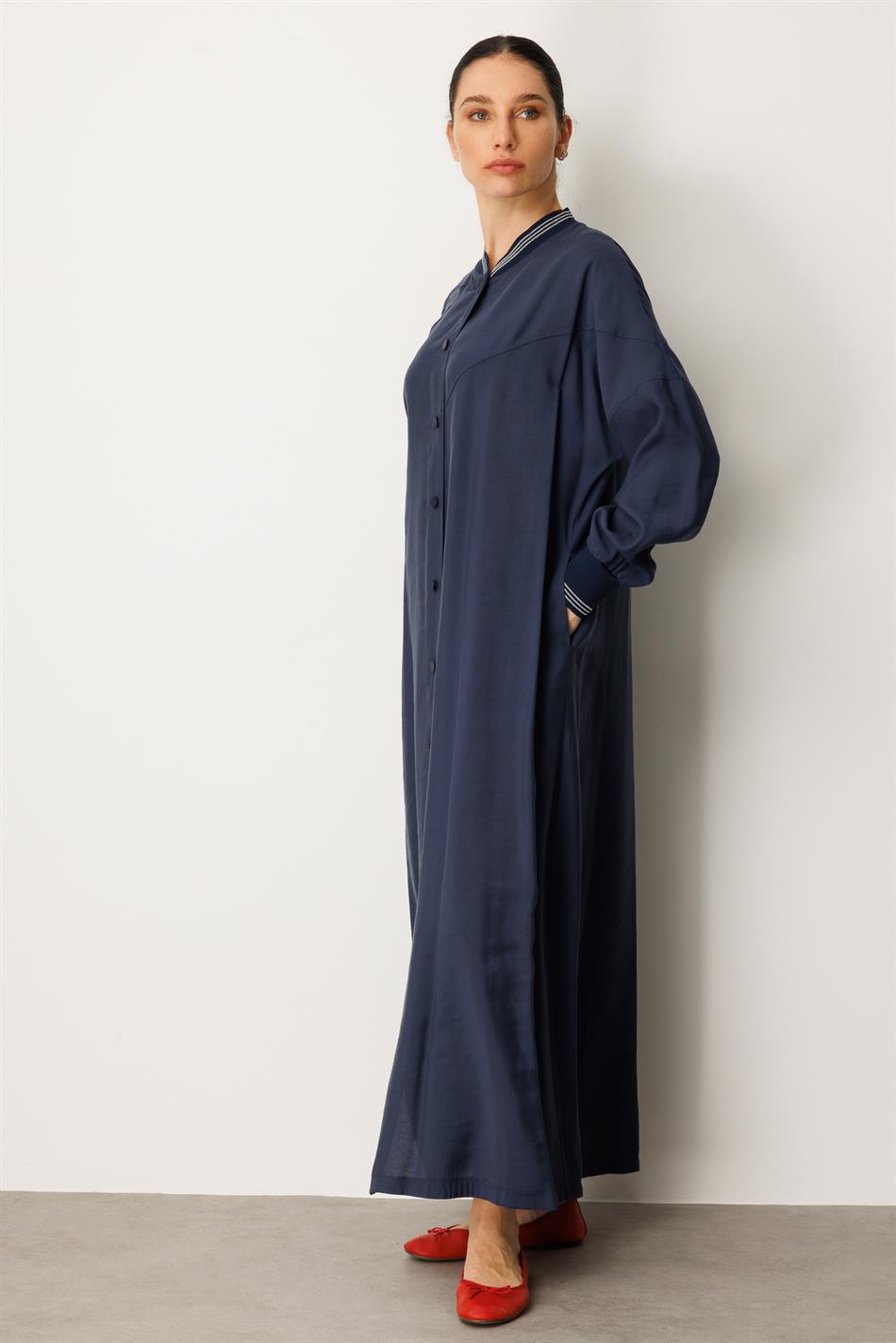 Soft  Modal Kol ve Yaka  Ribanalı Sade Elbise Kap Ferace-Laci