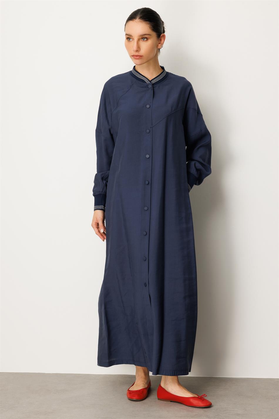 Soft  Modal Kol ve Yaka  Ribanalı Sade Elbise Kap Ferace-Laci