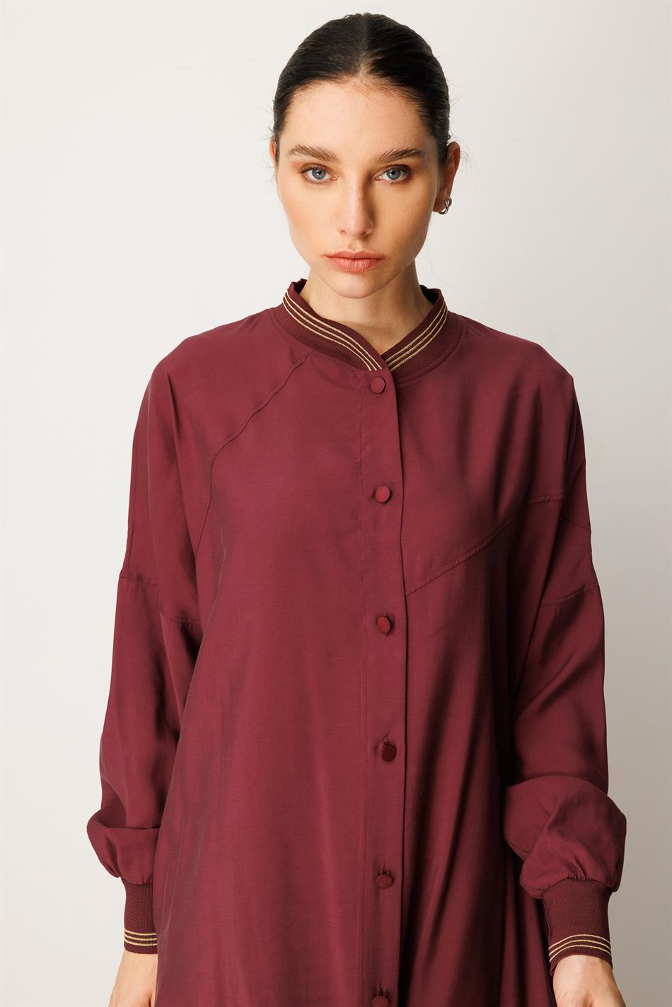 Qabırğalı qollar və yaxalıqlı yumşaq modal sadə don - Abaya/Paltar - Bordo