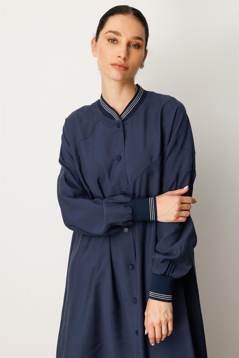 Soft  Modal Kol ve Yaka  Ribanalı Sade Elbise Kap Ferace-Laci