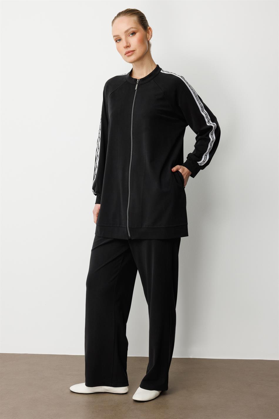 Zachte modal gebreide stof (55% natuurlijke micel) broekenset met afwerking - Zwart